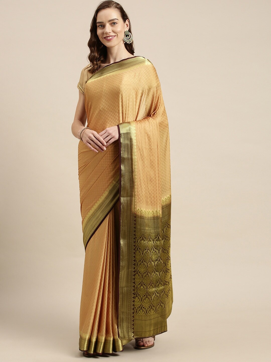 

MIMOSA Brown And Gold Toned Geometric Woven Design Zari Mysore Silk Saree