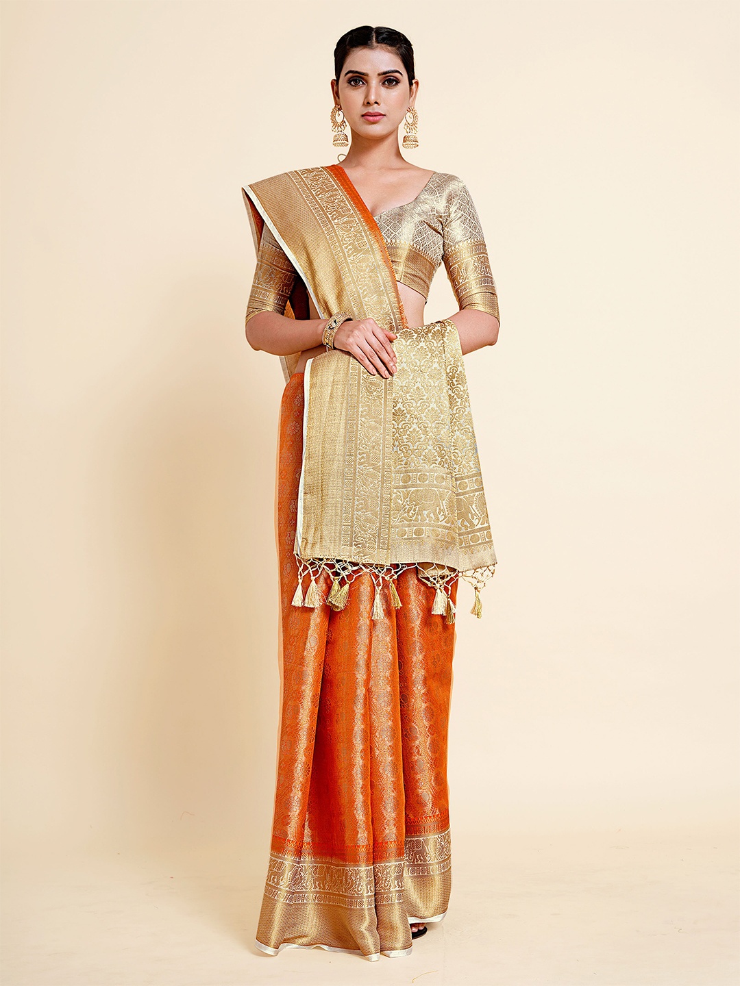 

MIMOSA Orange And Gold Toned Woven Design Zari Art Silk Kanjeevaram Saree