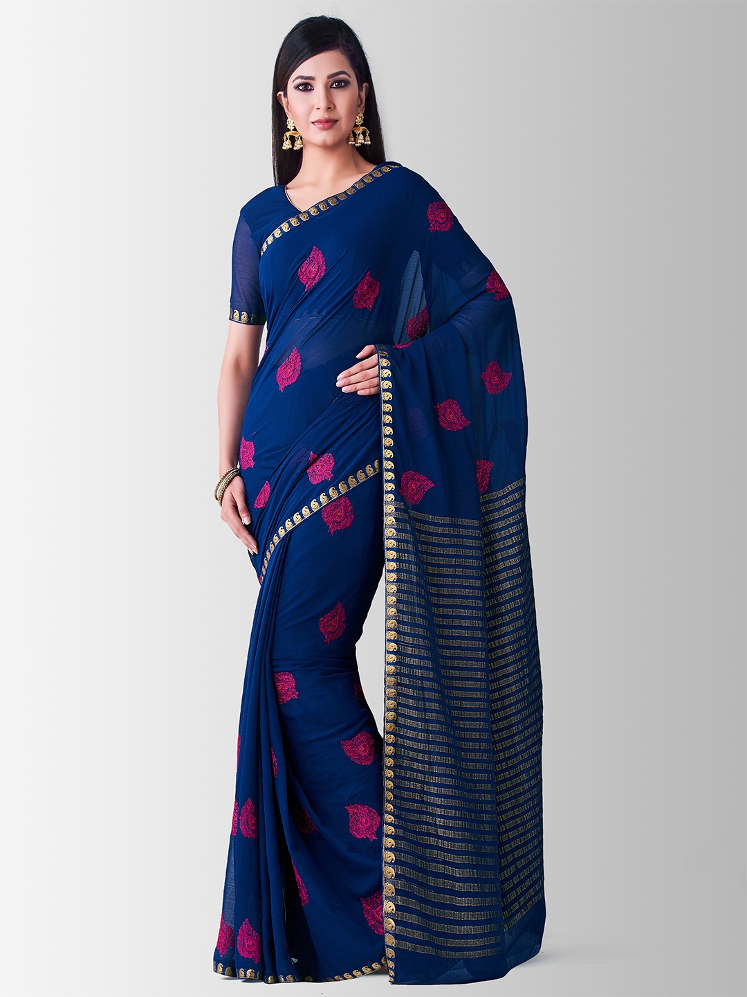 

MIMOSA Navy Blue & Red Floral Embroidered Banarasi Saree