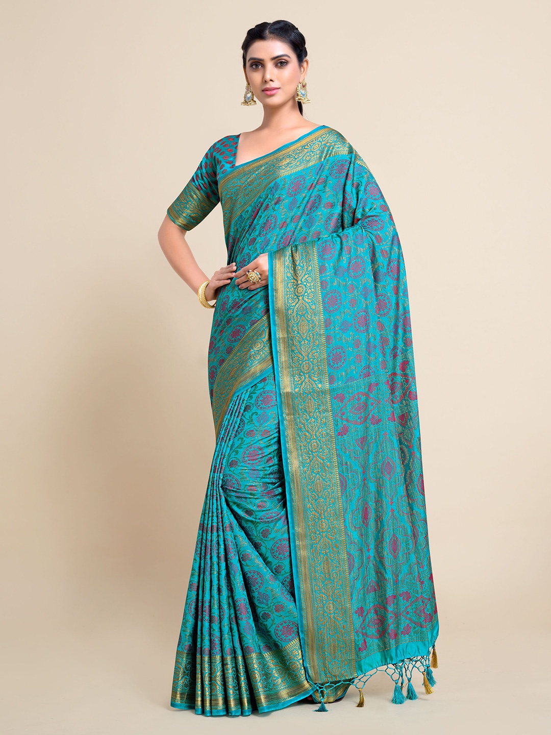 

MIMOSA Turquoise Blue And Pink Woven Design Zari Art Silk Kanjeevaram Saree