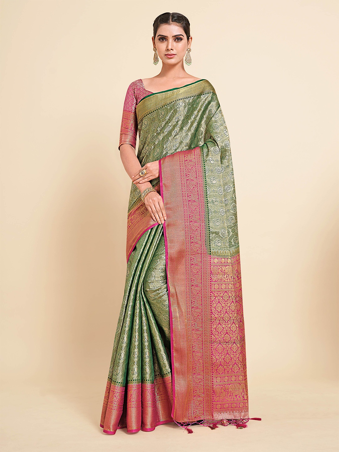 

MIMOSA Green And Pink Woven Design Zari Art Silk Kanjeevaram Saree