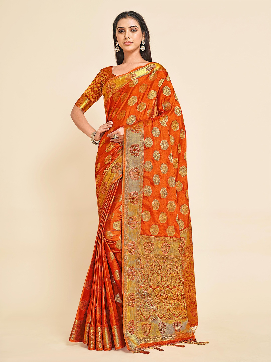 

MIMOSA Rust Orange And Gold Toned Woven Design Zari Mysore Silk Saree