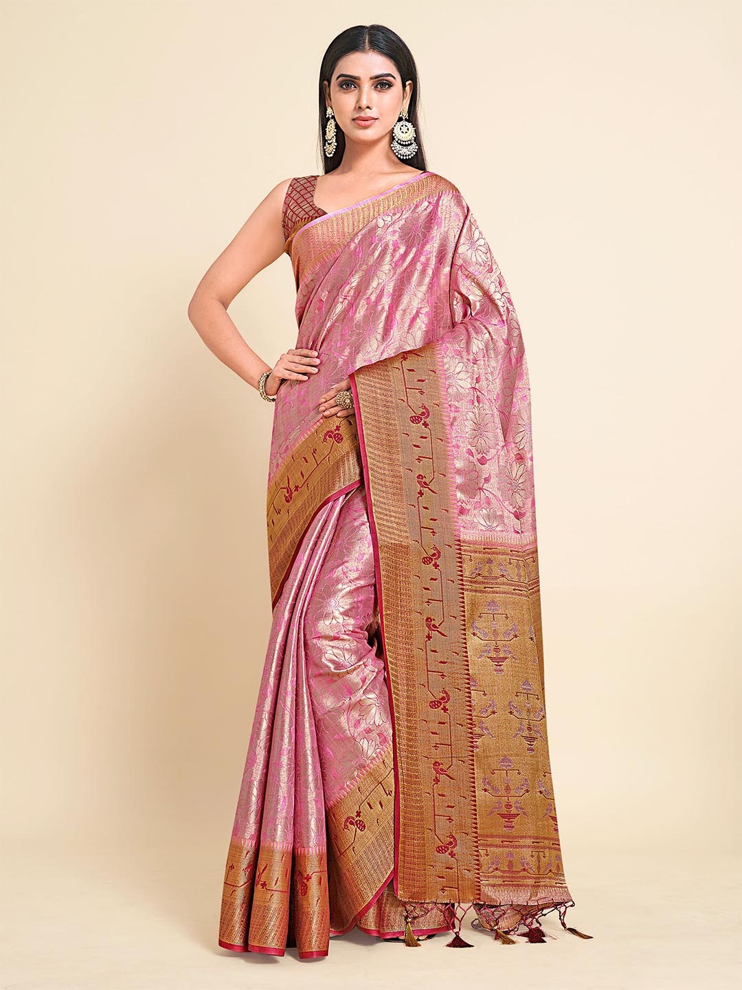 

MIMOSA Pink And Gold Toned Woven Design Zari Art Silk Kanjeevaram Saree