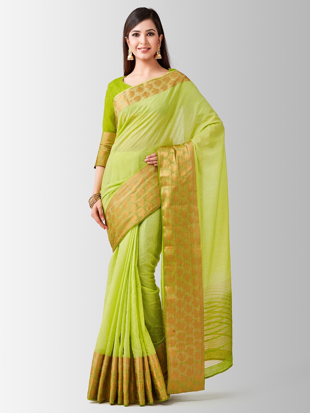 

MIMOSA Lime Green And Gold Toned Woven Design Zari Art Silk Kanjeevaram Saree