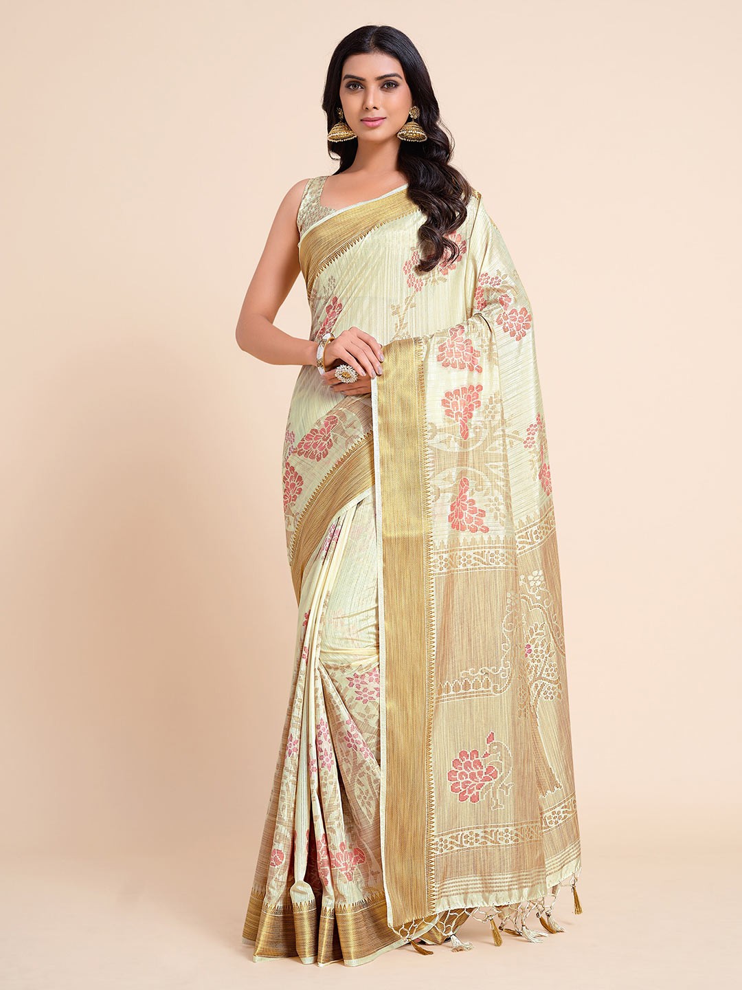 

MIMOSA Off White And Gold Toned Floral Woven Design Zari Art Silk Kanjeevaram Saree