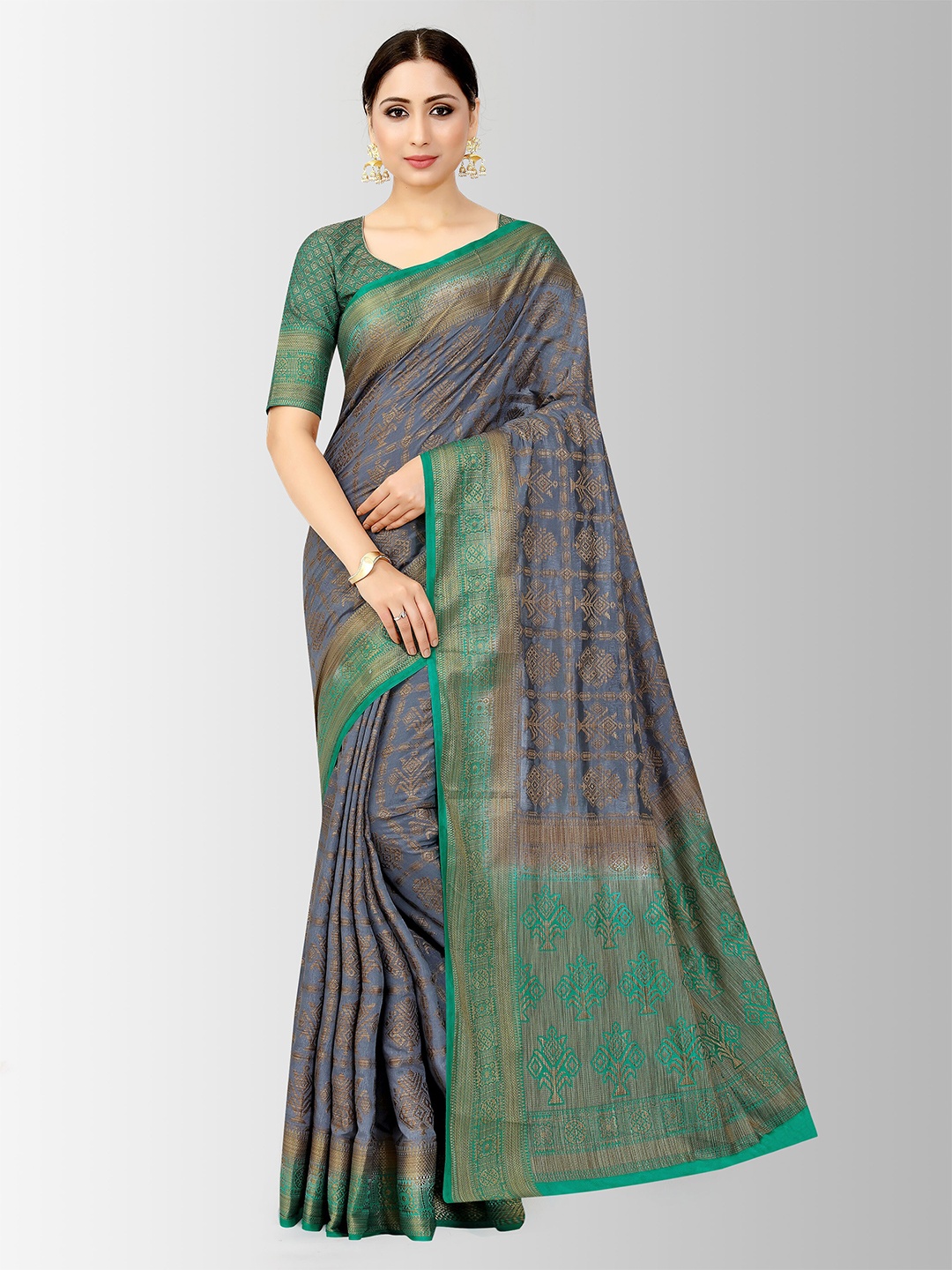 

MIMOSA Grey And Gold Toned Floral Woven Design Zari Art Silk Patola Saree