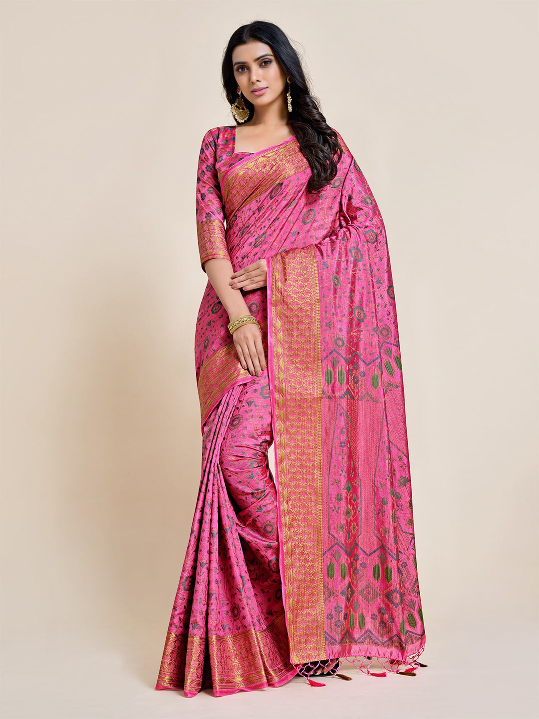 

MIMOSA Pink & Gold-Toned Floral Zari Art Silk Kanjeevaram Saree