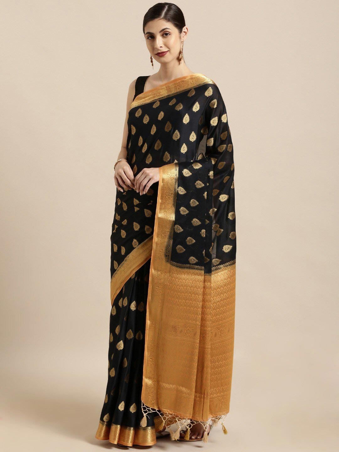 

MIMOSA Black & Gold-Toned Ethnic Motifs Zari Mysore Silk Saree