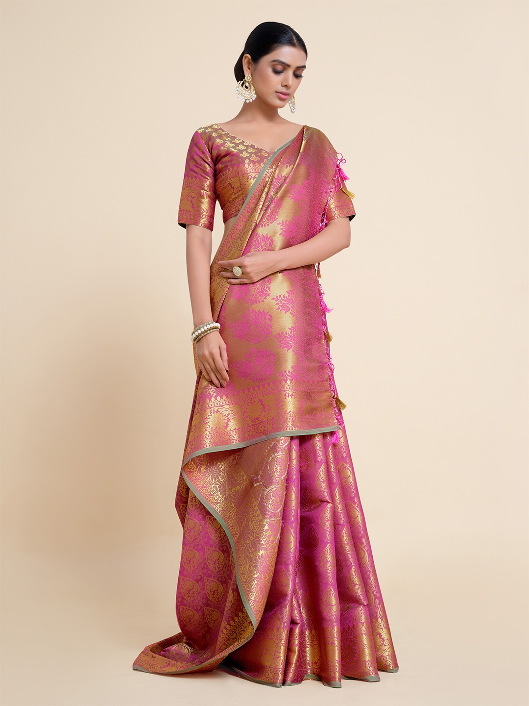

MIMOSA Pink & Gold-Toned Floral Zari Art Silk Kanjeevaram Saree