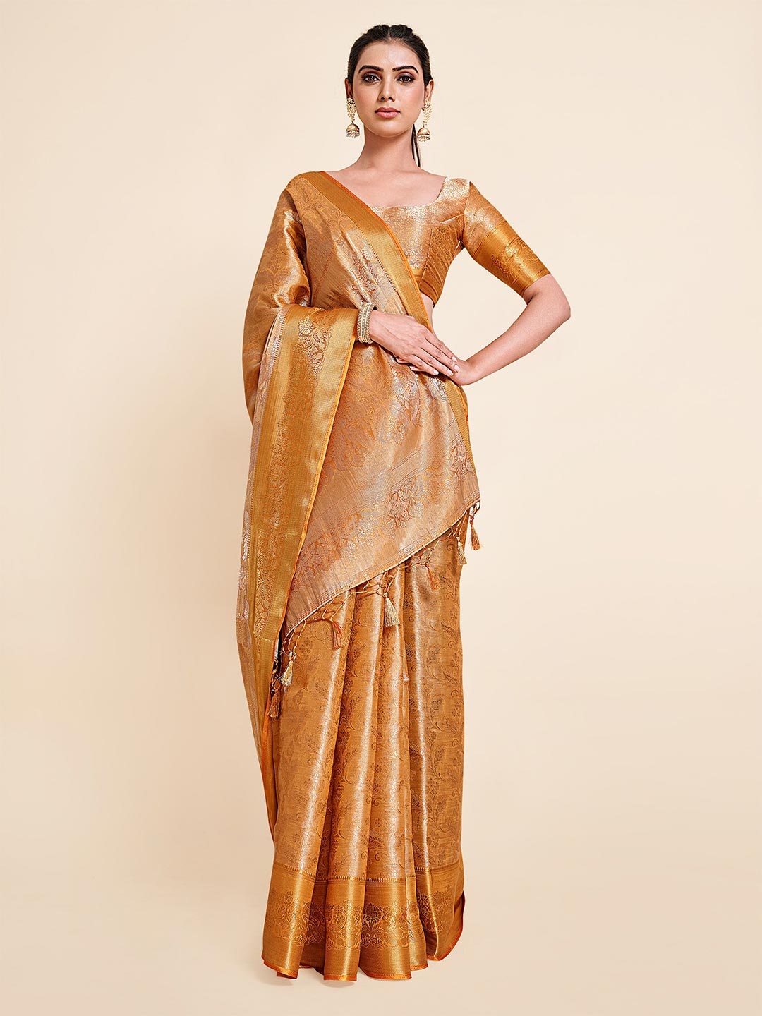 

MIMOSA Mustard & Brown Floral Zari Art Silk Kanjeevaram Saree