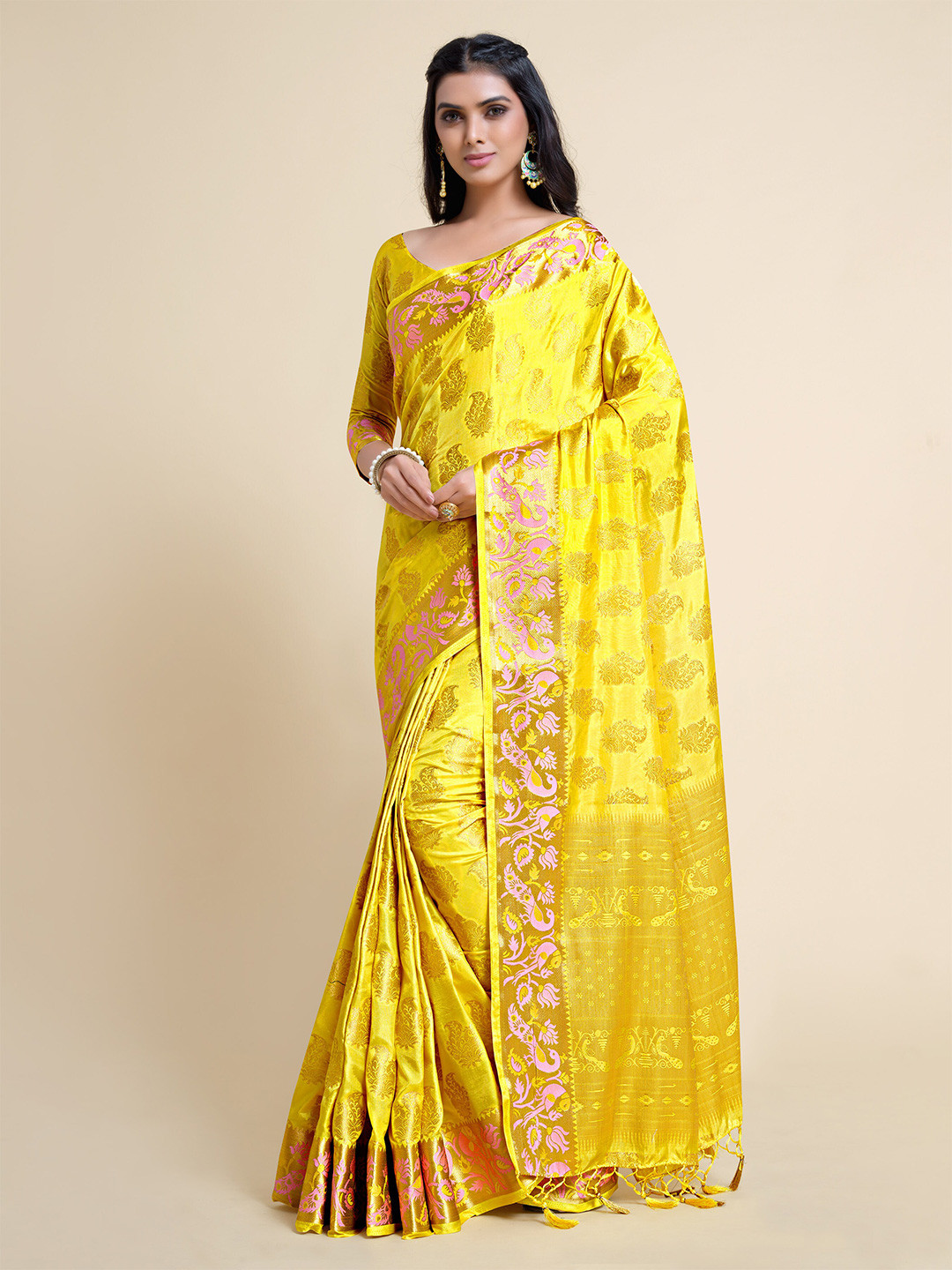 

MIMOSA Yellow & Pink Ethnic Motifs Zari Art Silk Kanjeevaram Saree