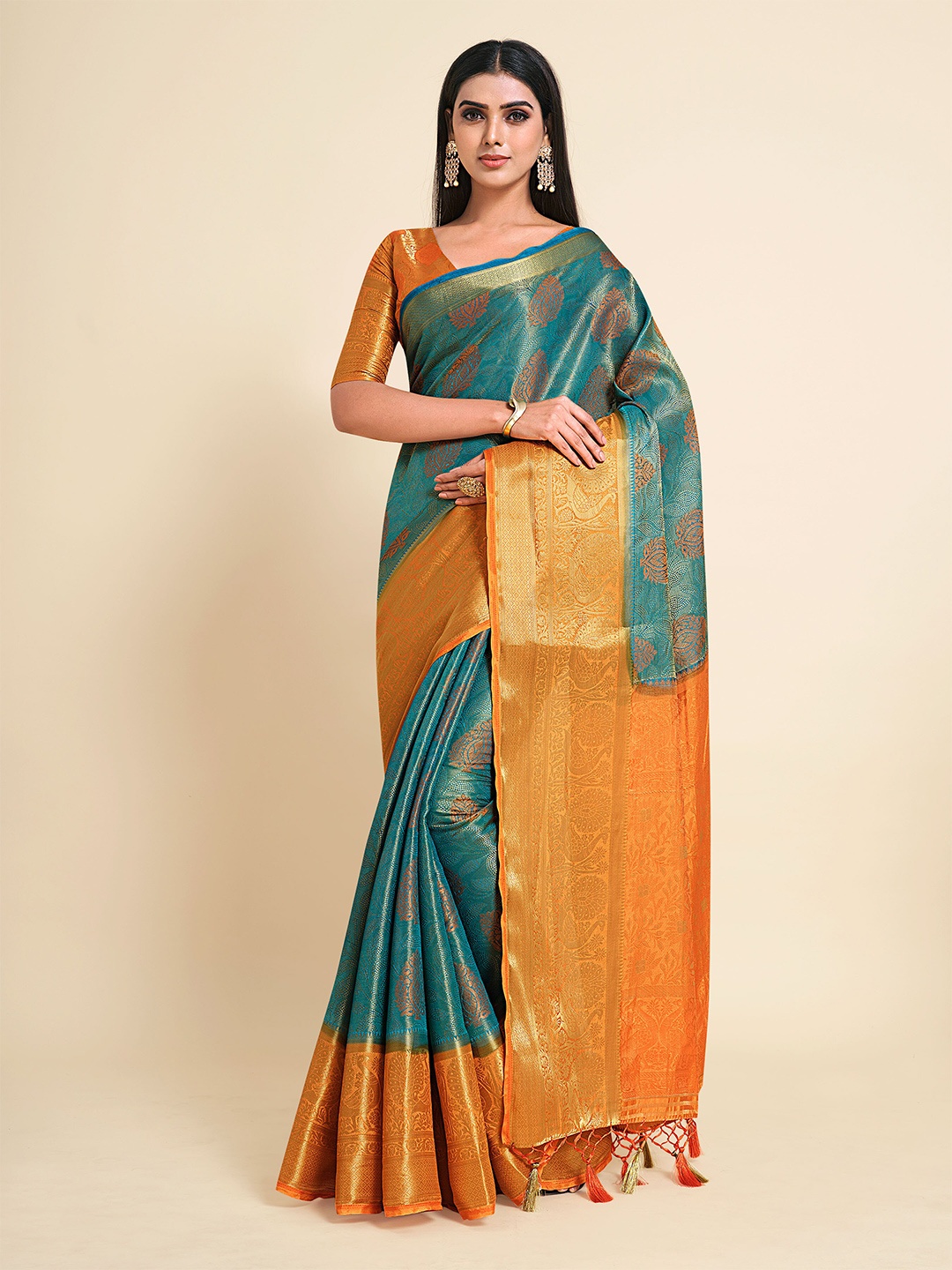 

MIMOSA Turquoise Blue & Gold-Toned Floral Zari Art Silk Kanjeevaram Saree