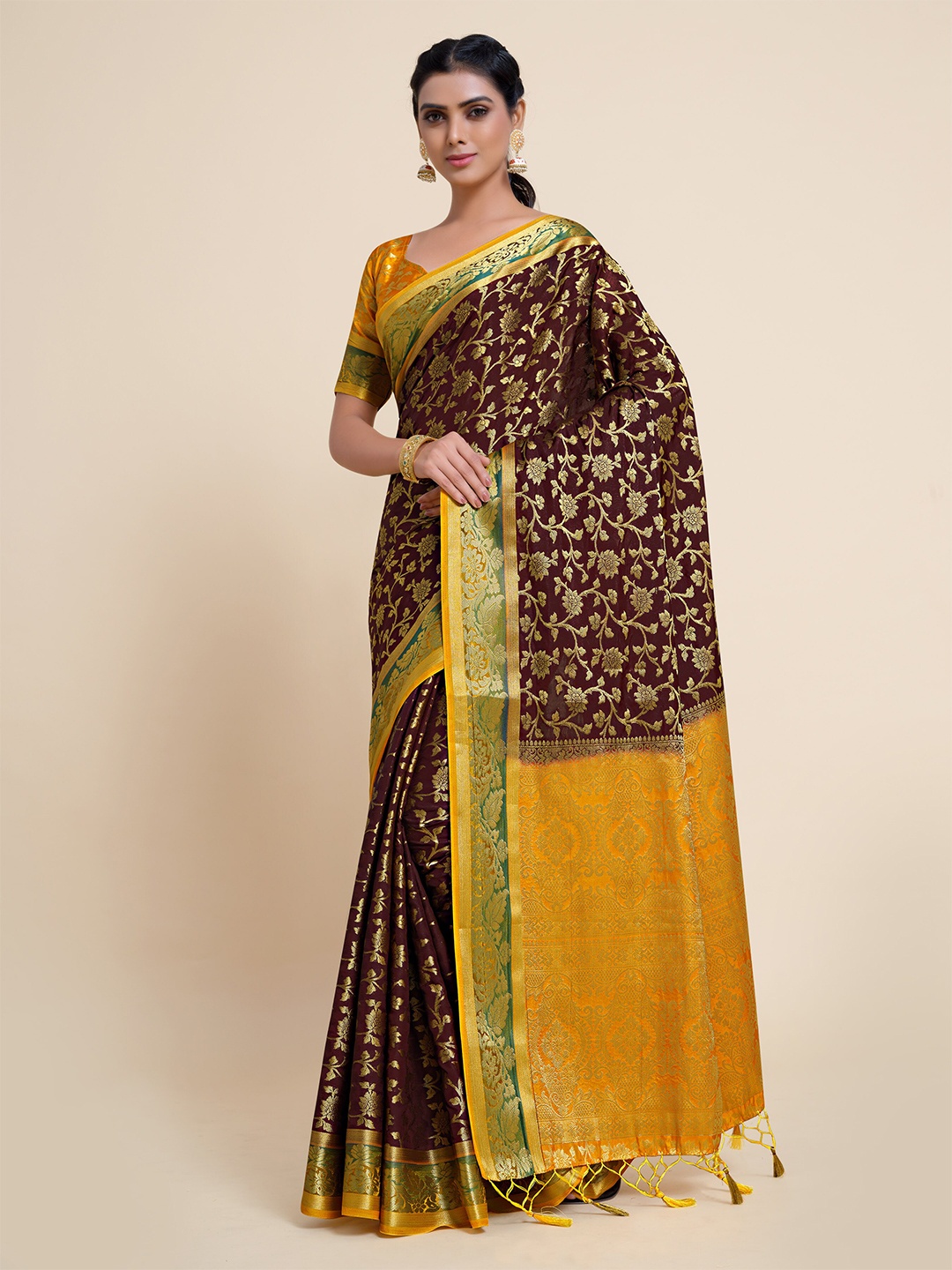 

MIMOSA Burgundy & Yellow Floral Zari Art Silk Kanjeevaram Saree