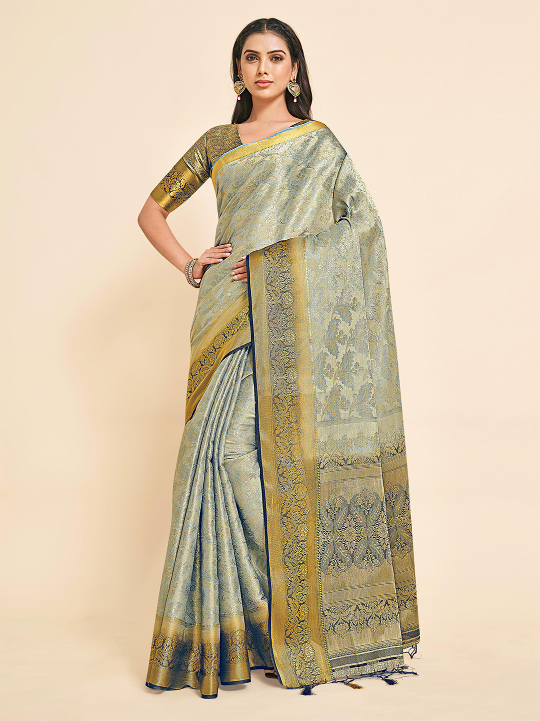 

MIMOSA Grey & Blue Floral Zari Art Silk Kanjeevaram Saree