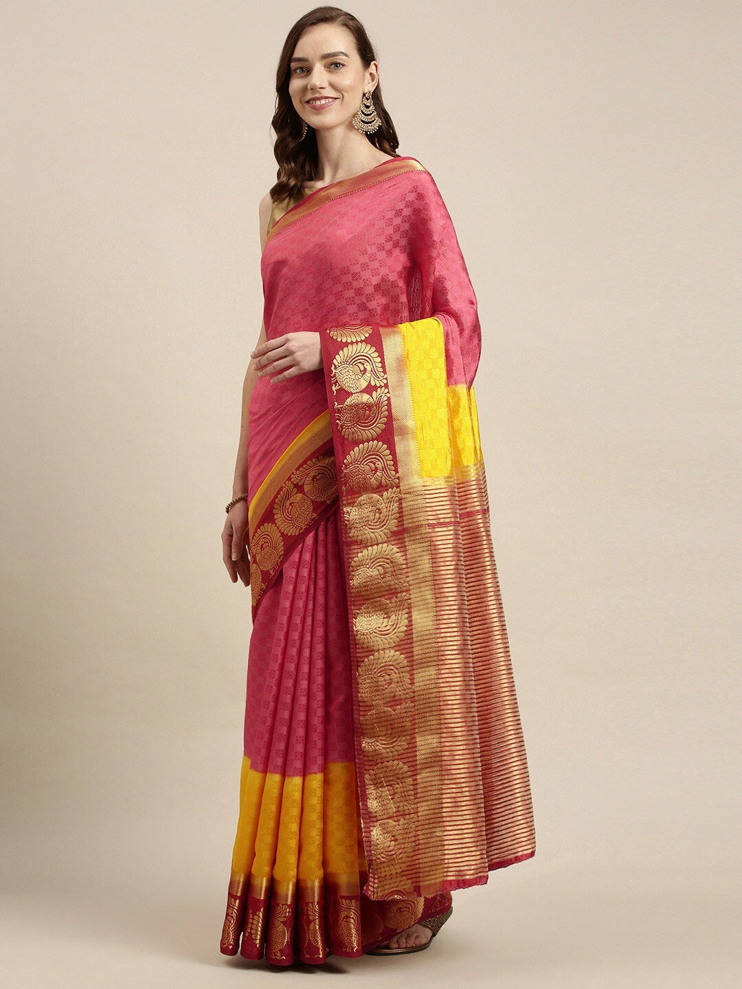 

MIMOSA Coral & Yellow Woven Design Zari Art Silk Kanjeevaram Saree