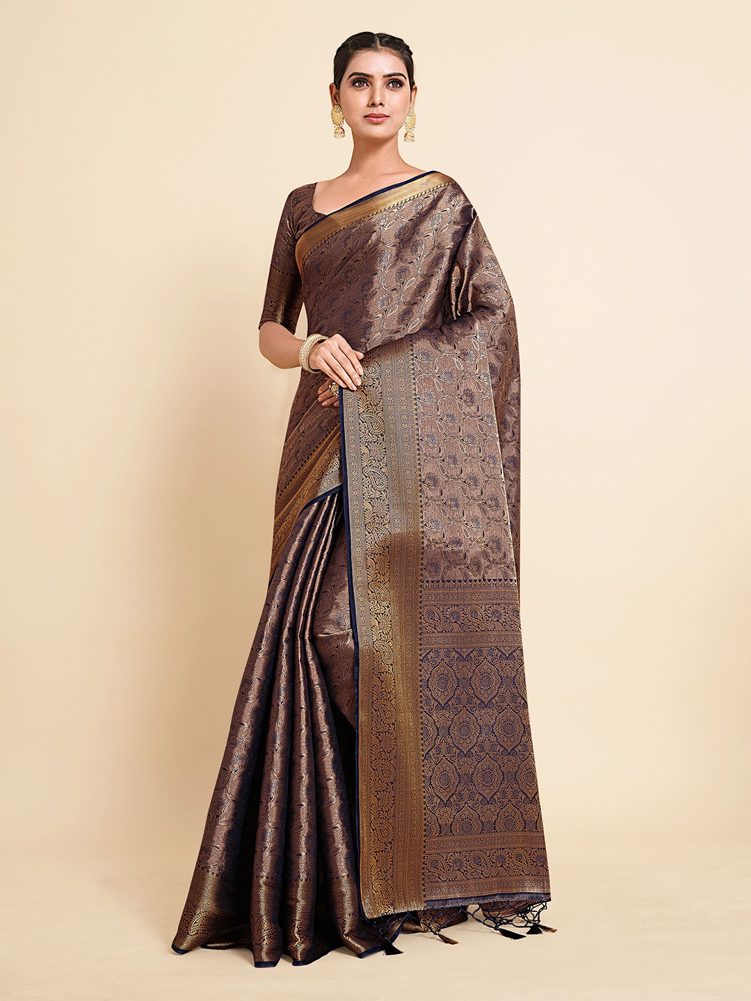 

MIMOSA Navy Blue & Gold-Toned Floral Zari Art Silk Kanjeevaram Saree