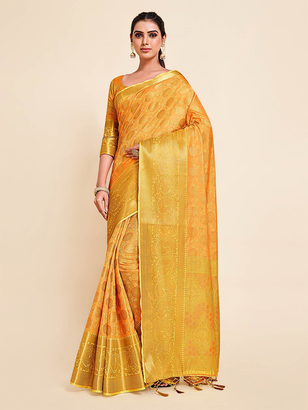 

MIMOSA Mustard Yellow & Gold Floral Zari Art Silk Kanjeevaram Saree