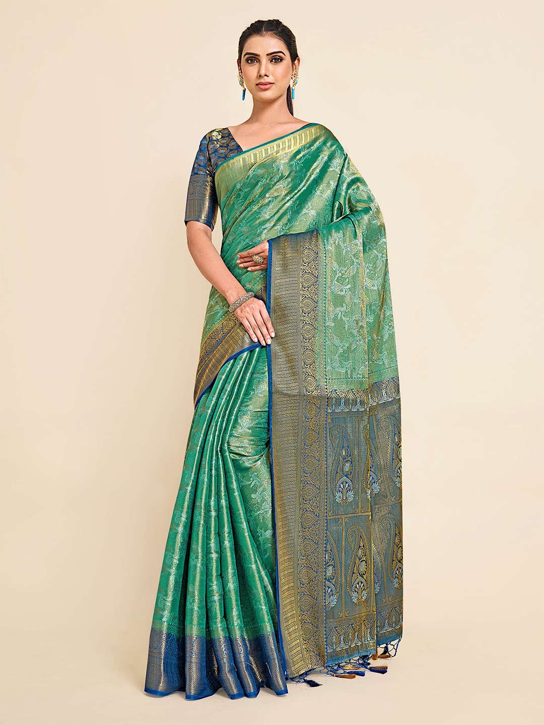 

MIMOSA Green & Blue Floral Zari Art Silk Kanjeevaram Saree