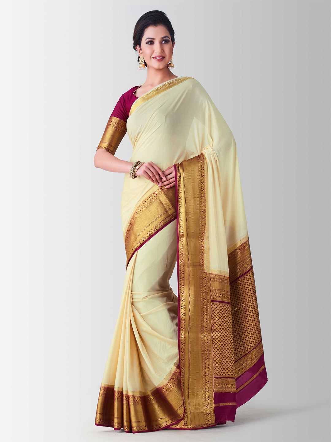 

MIMOSA Beige & Red Zari Mysore Silk Saree