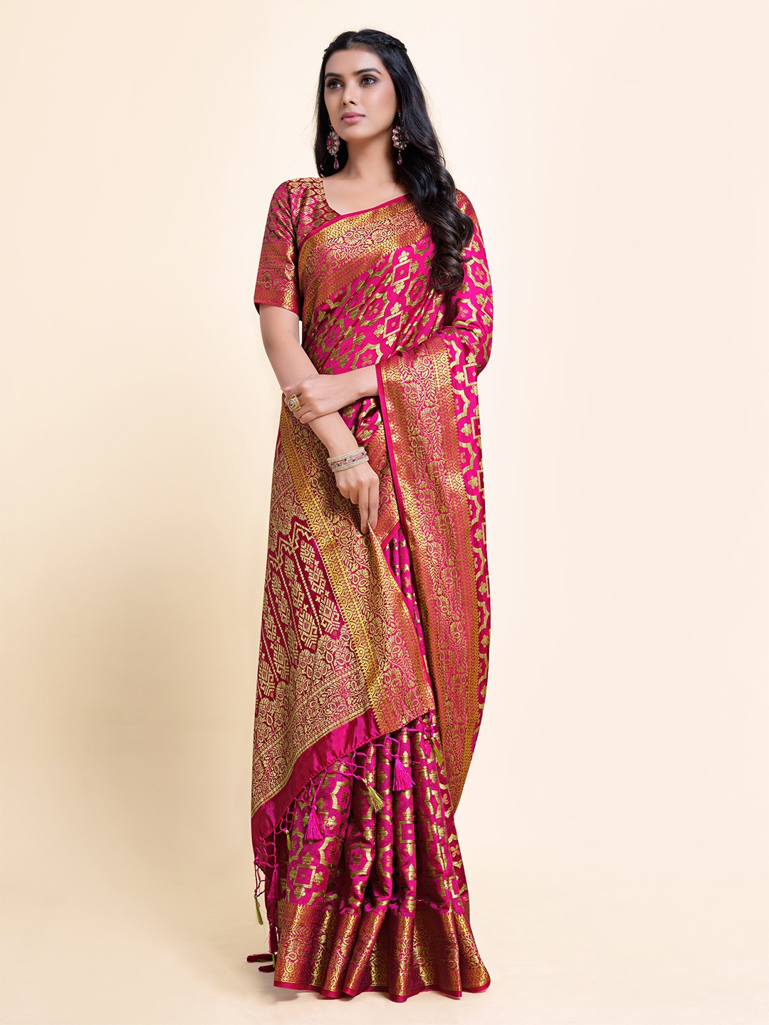 

MIMOSA Pink & Gold-Toned Ethnic Motifs Zari Art Silk Kanjeevaram Saree