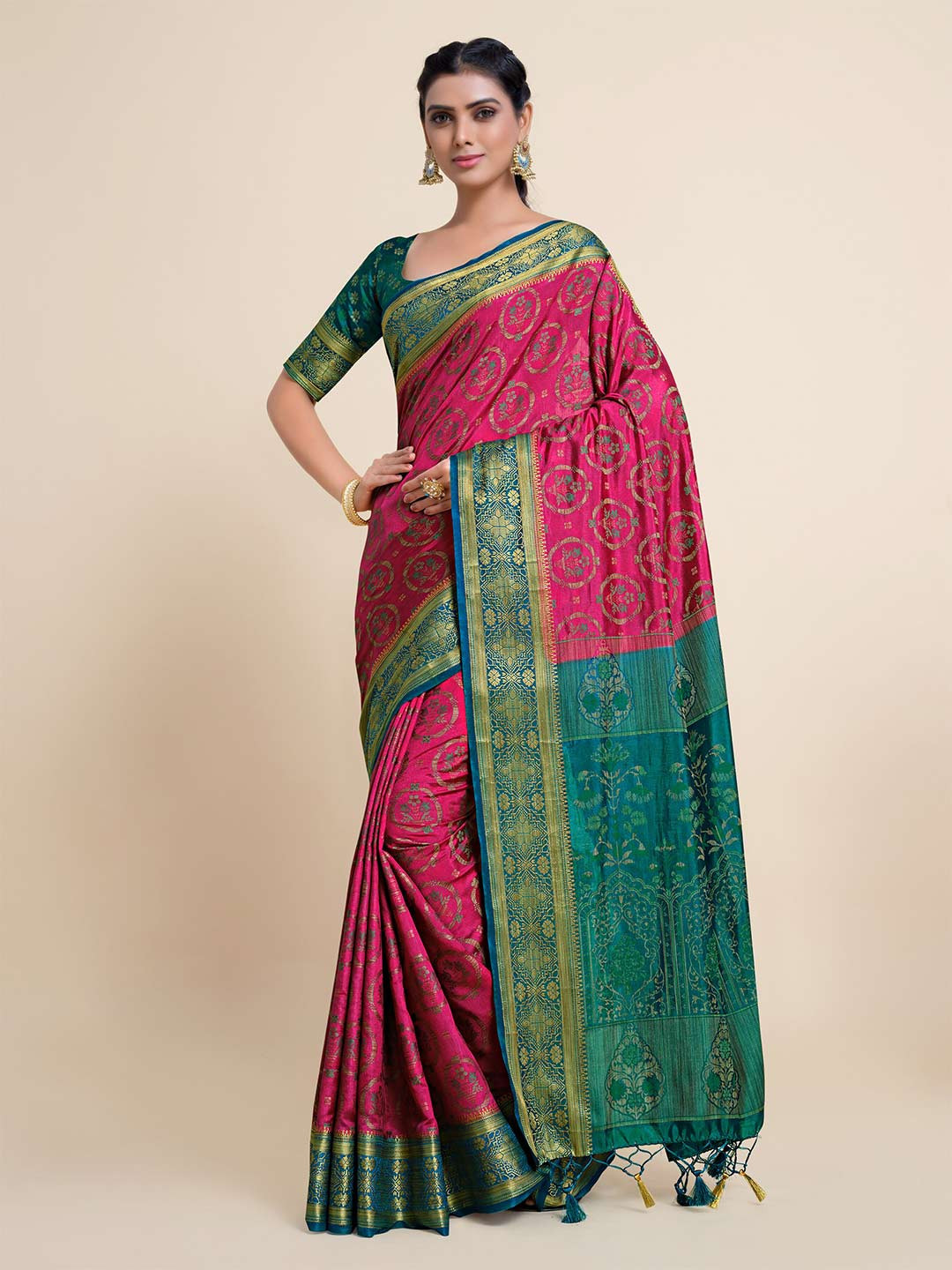 

MIMOSA Pink & Green Floral Zari Art Silk Kanjeevaram Saree