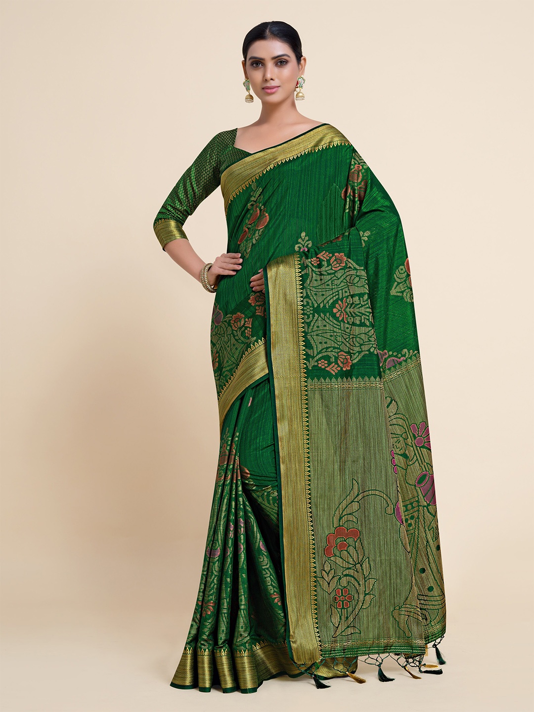 

MIMOSA Green & Pink Ethnic Motifs Zari Art Silk Kanjeevaram Saree