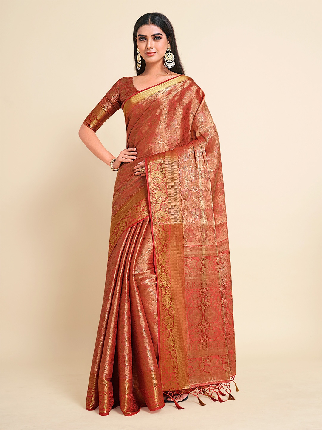 

MIMOSA Rust & Gold-Toned Floral Zari Art Silk Kanjeevaram Saree