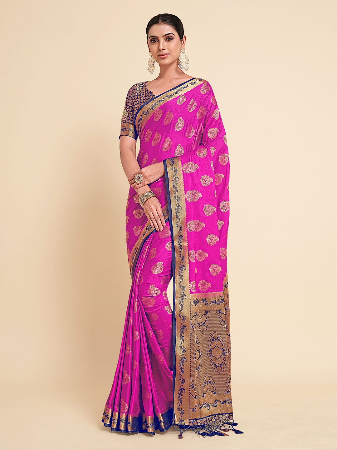 

MIMOSA Pink & Blue Ethnic Motifs Zari Mysore Silk Saree