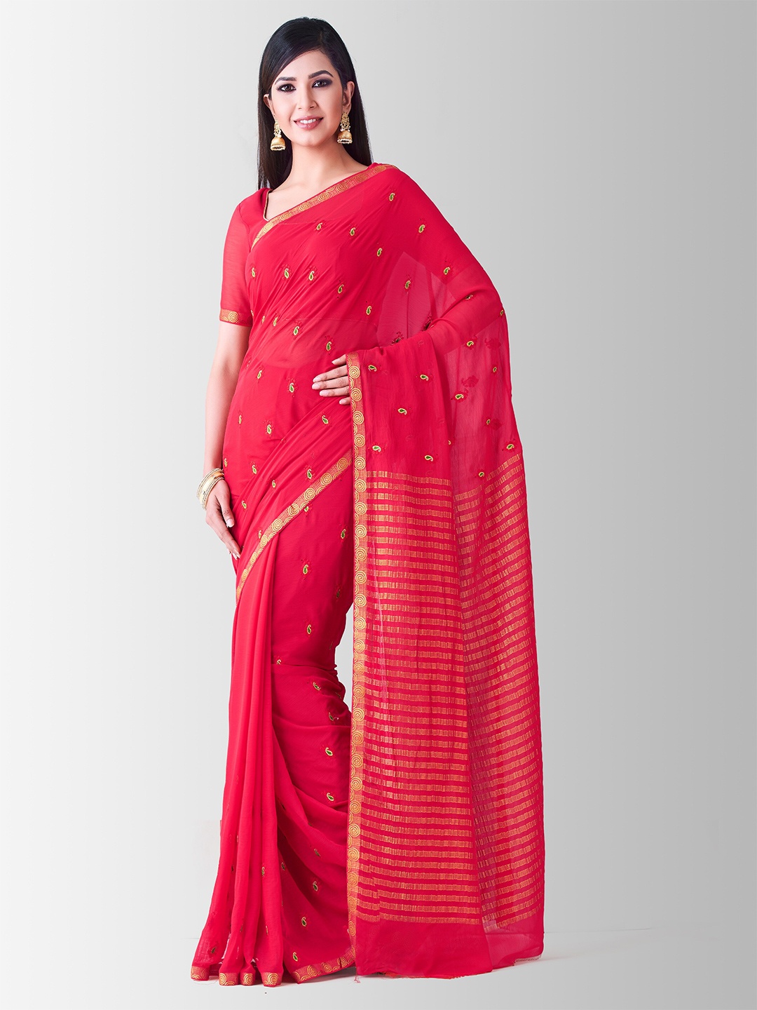 

MIMOSA Coral & Green Paisley Embroidered Banarasi Saree
