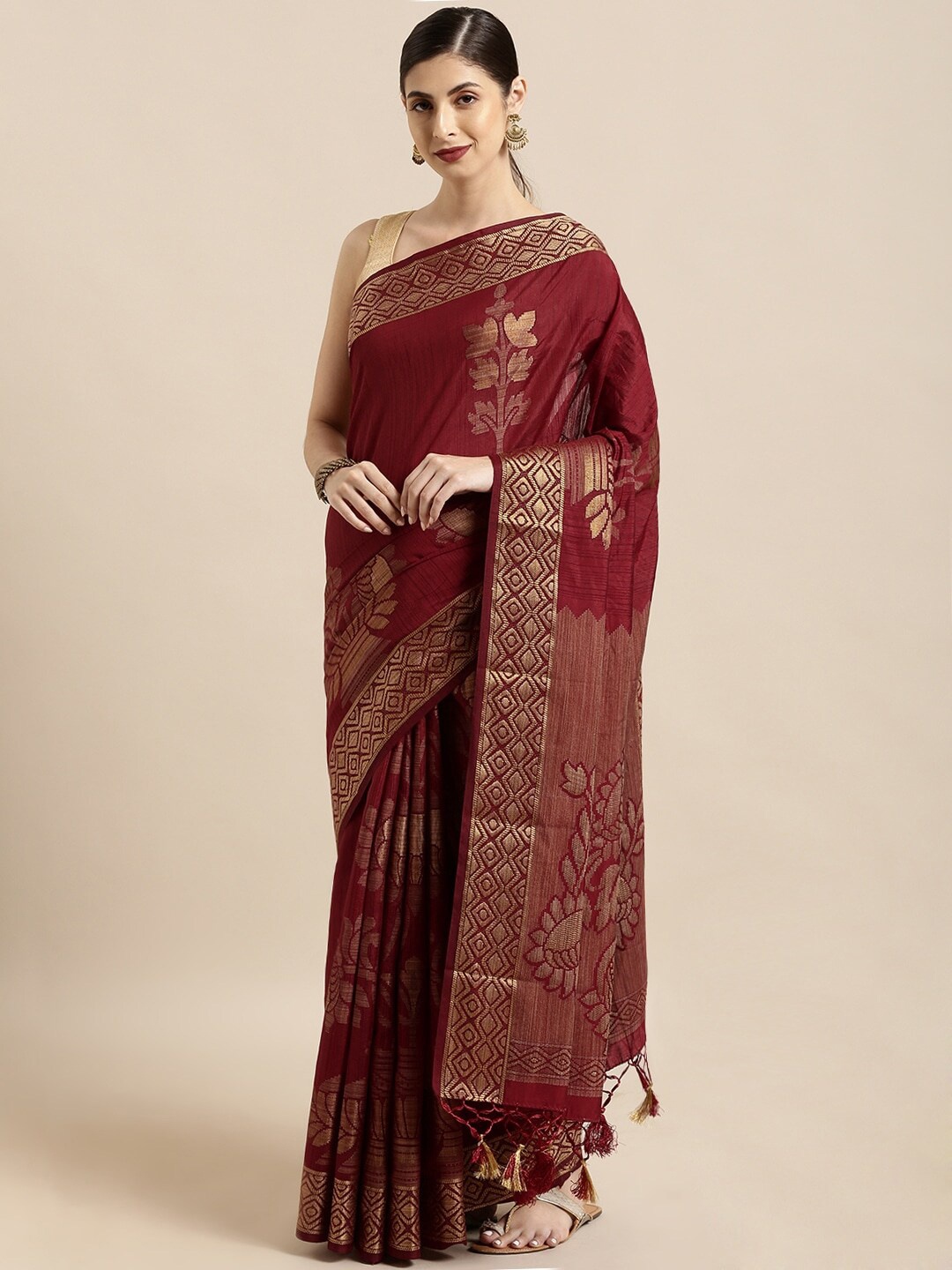 

MIMOSA Maroon & Gold-Toned Floral Zari Art Silk Kanjeevaram Saree