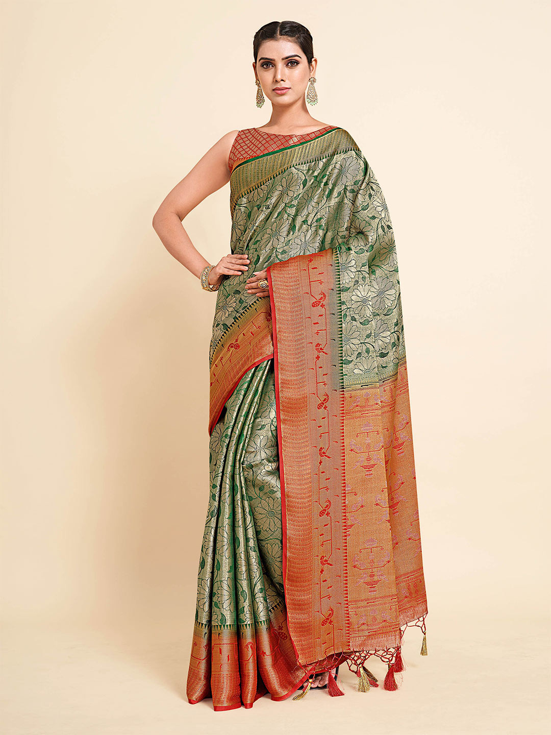 

MIMOSA Green & Red Floral Zari Art Silk Kanjeevaram Saree