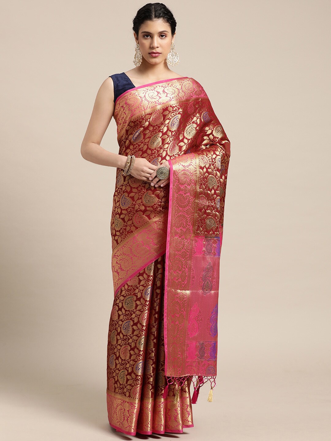 

MIMOSA Maroon & Purple Ethnic Motifs Zari Art Silk Kanjeevaram Saree