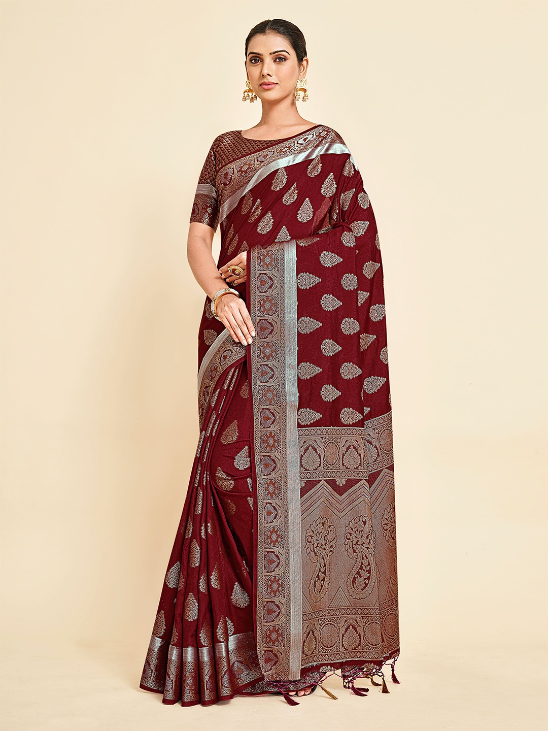 

MIMOSA Burgundy & Gold-Toned Ethnic Motifs Zari Art Silk Kanjeevaram Saree