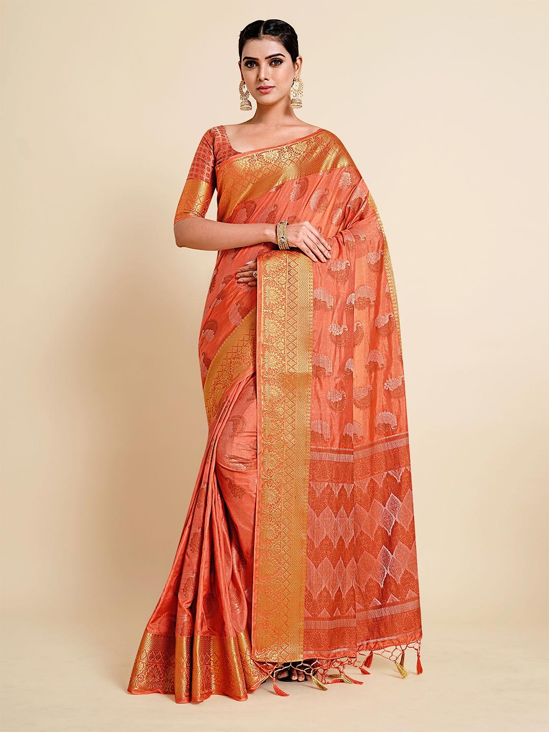 

MIMOSA Orange & Gold-Toned Woven Design Zari Art Silk Kanjeevaram Saree