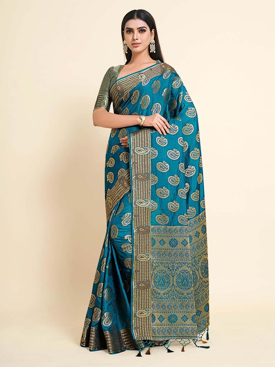 

MIMOSA Teal & Gold-Toned Ethnic Motifs Zari Art Silk Kanjeevaram Saree