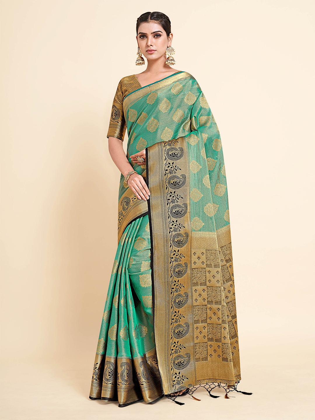 

MIMOSA Green & Gold-Toned Ethnic Motifs Zari Art Silk Kanjeevaram Saree