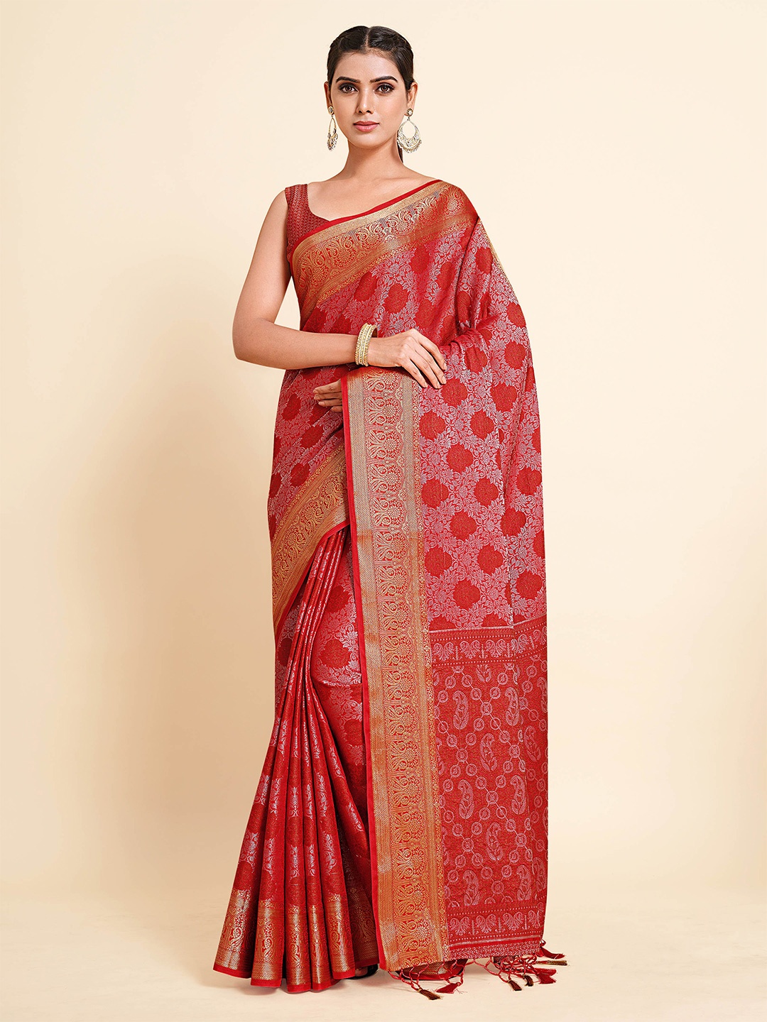 

MIMOSA Red & Gold-Toned Ethnic Motifs Zari Art Silk Kanjeevaram Saree