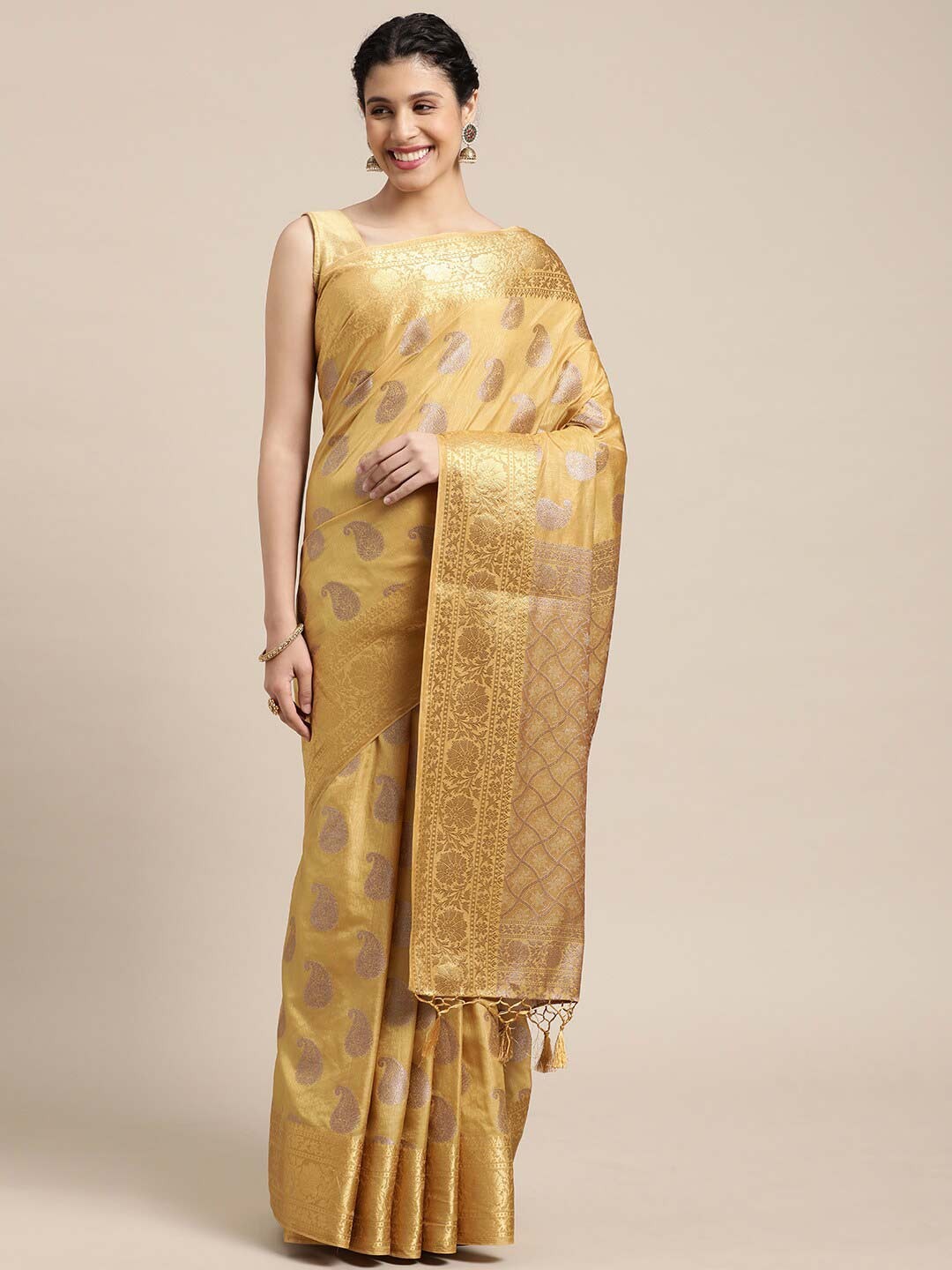 

MIMOSA Beige & Gold-Toned Ethnic Motifs Zari Art Silk Kanjeevaram Saree