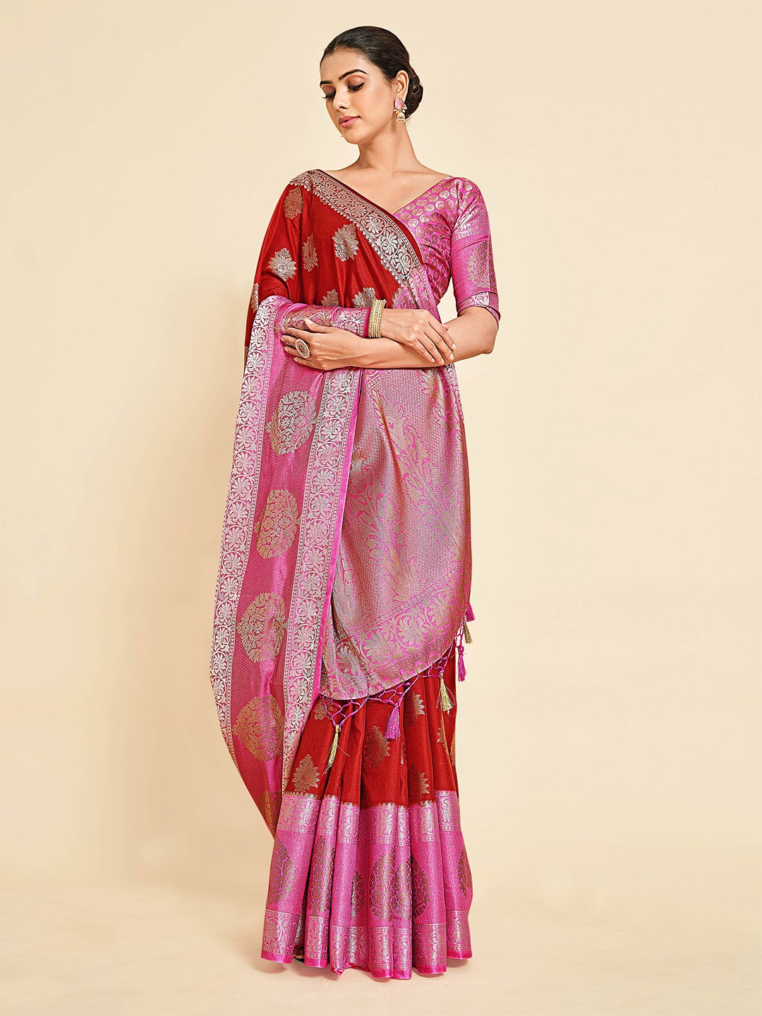 

MIMOSA Maroon & Pink Woven Design Zari Art Silk Kanjeevaram Saree