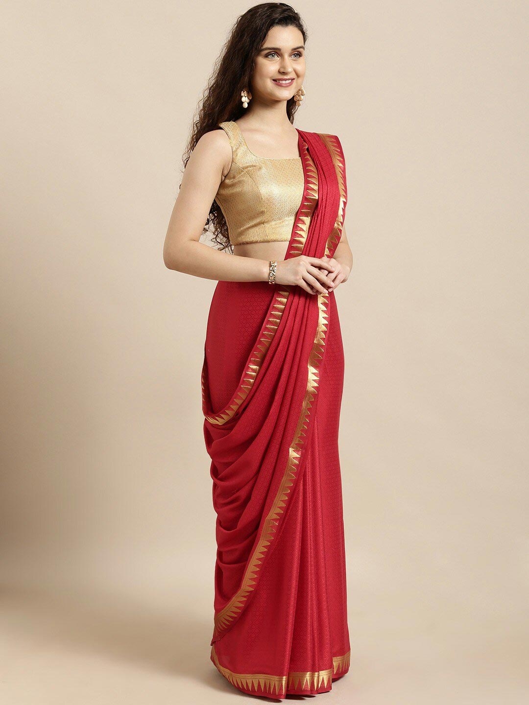 

MIMOSA Red & Gold-Toned Woven Design Zari Mysore Silk Saree