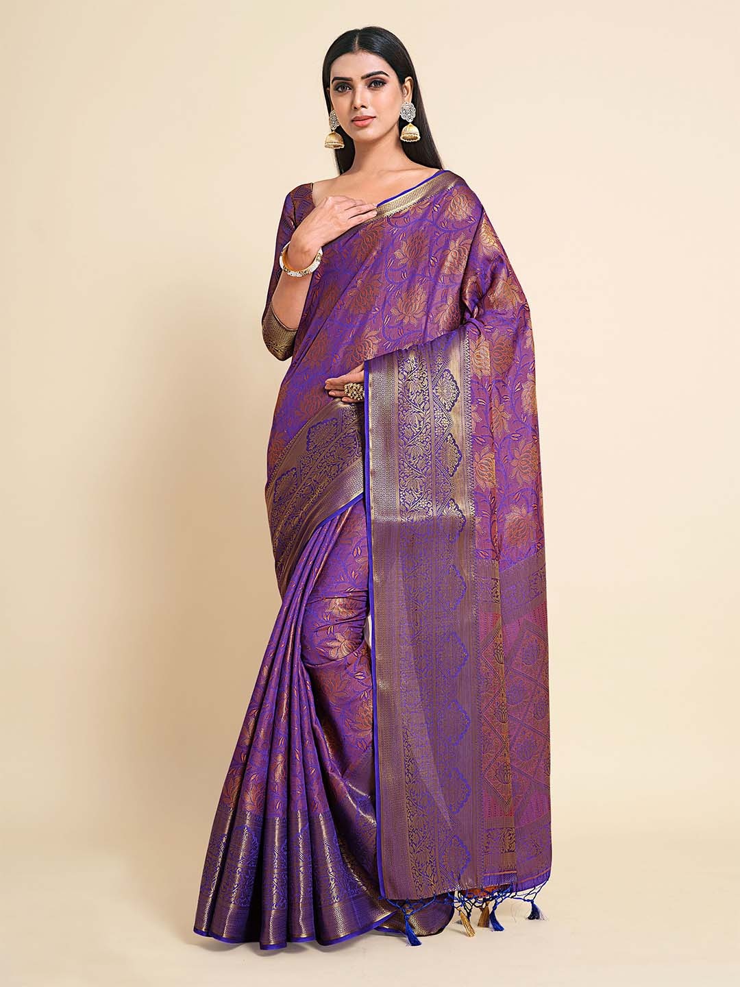 

MIMOSA Violet & Orange Floral Zari Art Silk Kanjeevaram Saree