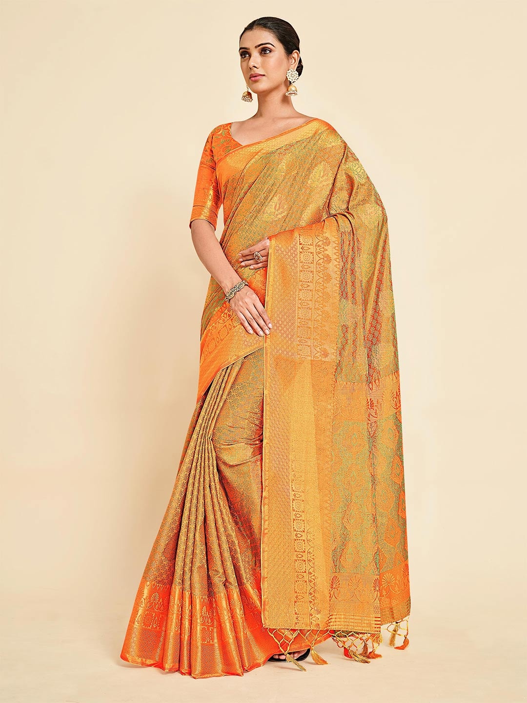 

MIMOSA Mustard yellow & Gold Ethnic Motifs Zari Art Silk Kanjeevaram Saree