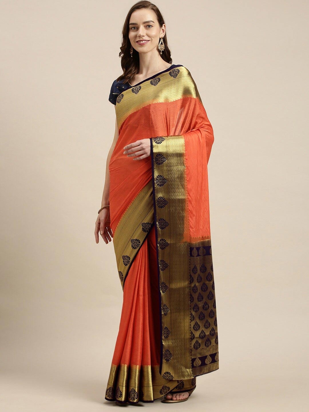 

MIMOSA Orange & Navy Blue Woven Design Zari Mysore Silk Saree