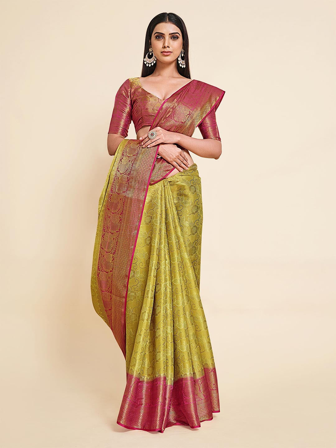 

MIMOSA Lime Green & Pink Floral Zari Art Silk Kanjeevaram Saree