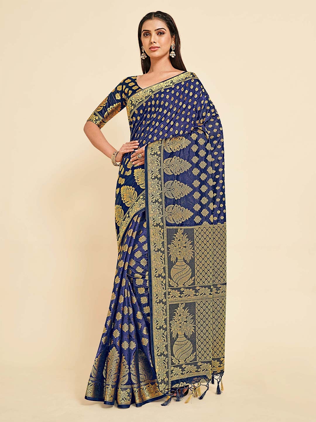 

MIMOSA Navy Blue & Gold-Toned Floral Zari Art Silk Kanjeevaram Saree