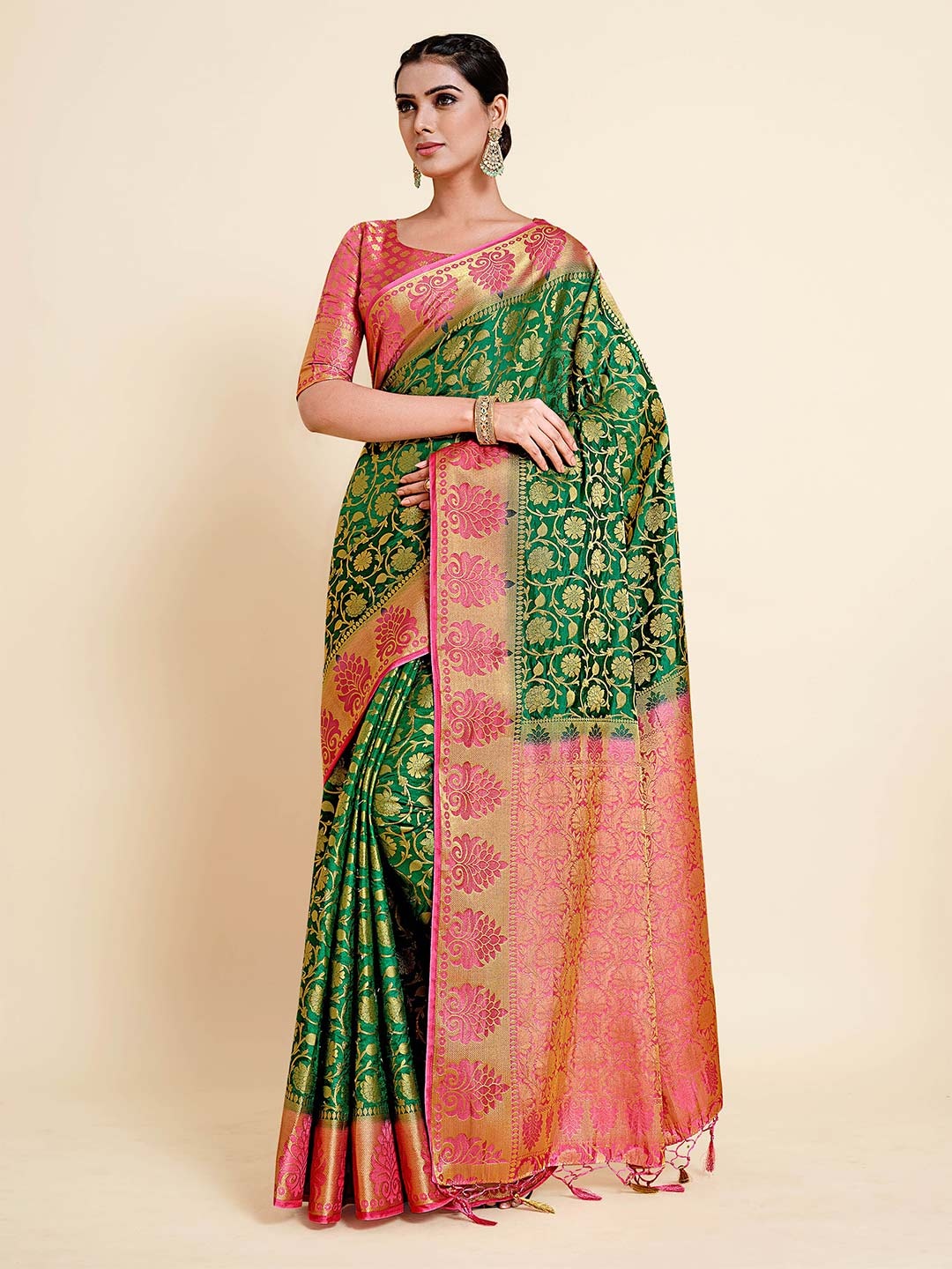 

MIMOSA Green & Pink Floral Zari Art Silk Kanjeevaram Saree