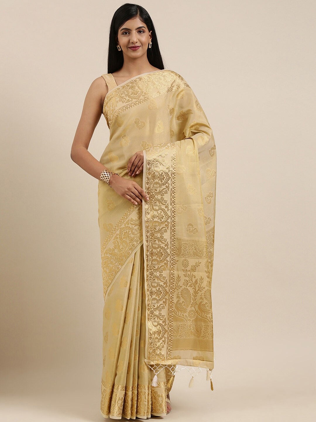 

MIMOSA Cream-Coloured & Gold-Toned Ethnic Motifs Zari Art Silk Kanjeevaram Saree