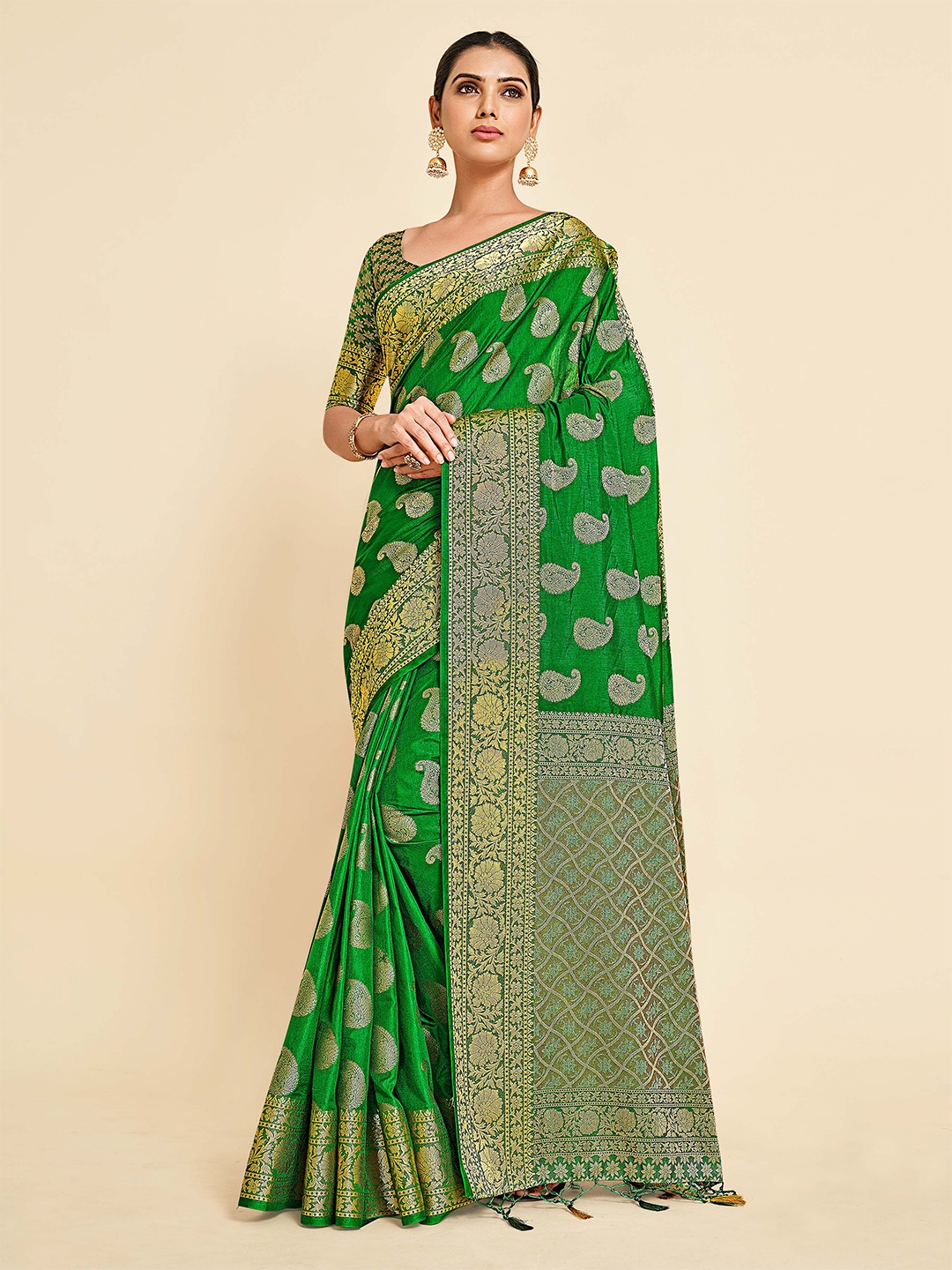 

MIMOSA Green & Gold-Toned Ethnic Motifs Zari Art Silk Kanjeevaram Saree