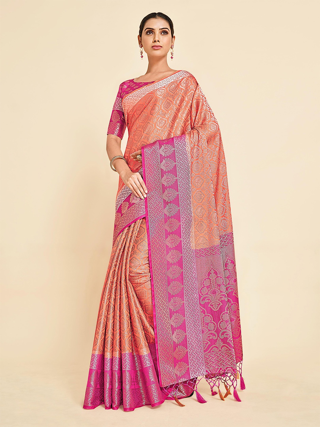 

MIMOSA Orange & Pink Ethnic Motifs Zari Art Silk Kanjeevaram Saree