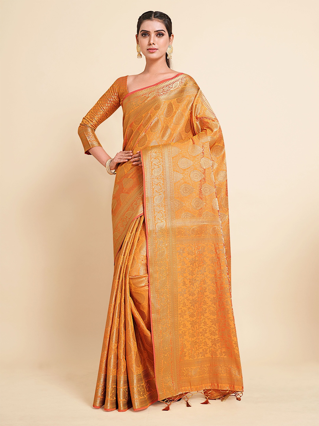 

MIMOSA Orange & Gold-Toned Ethnic Motifs Zari Art Silk Kanjeevaram Saree